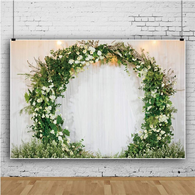 Haoyiyi 10x8ft Wedding Backdrop Sheer Tulle Curtain Backdrop Arch Green Wreath Garland Background Photography Photo Couple Fiancee Proposal Bridal Shower Valentine's Day Digital Portrait - Image 3